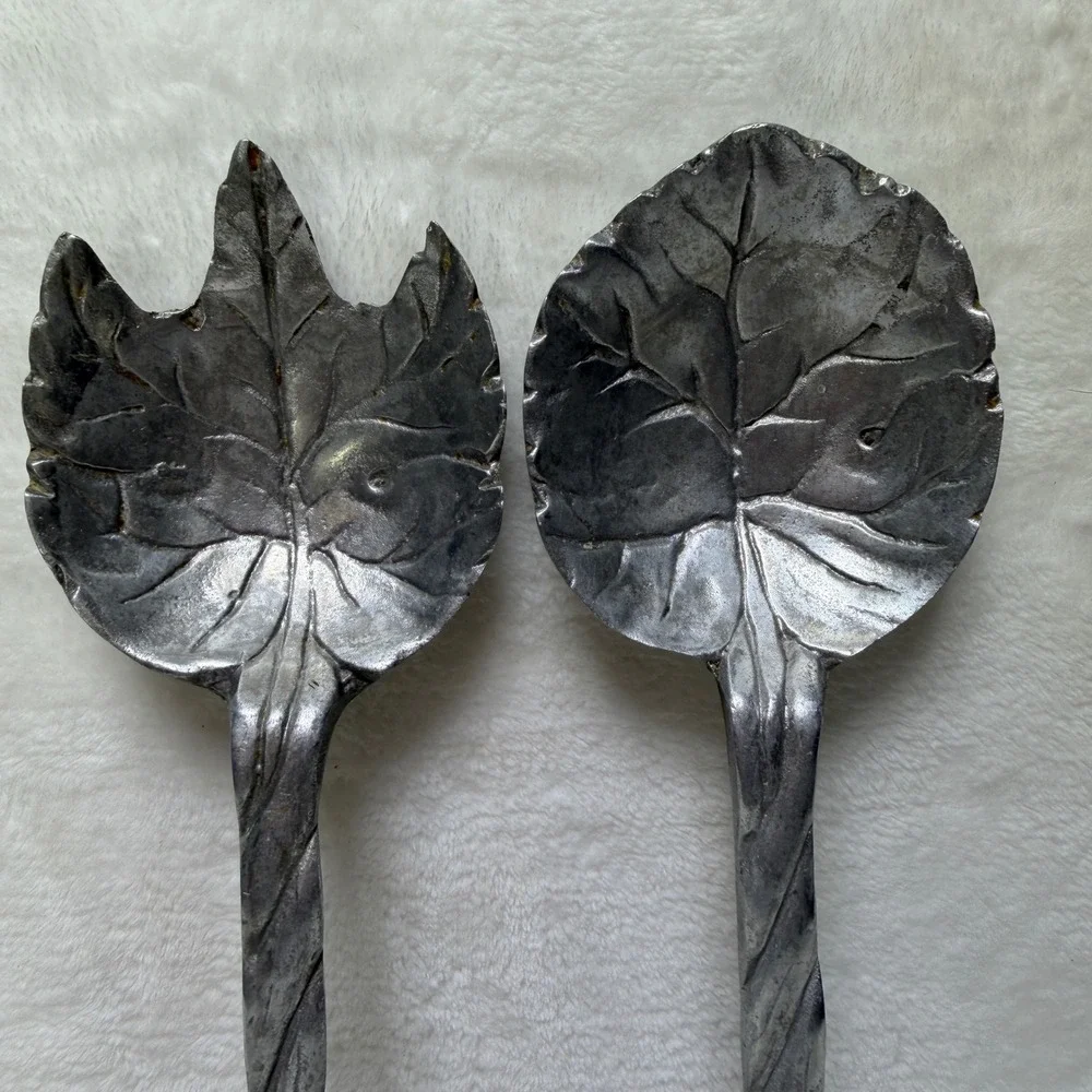 VTG Cast Metal Leaf Salad Serving Set Silver Tone Rustic Botanical Twig‎ Handle